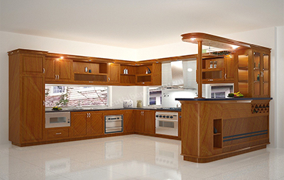Thi công tủ bếp đẹp bằng gỗ xoan đào sẽ đem lại sự sang trọng cho căn bếp nhà bạn
