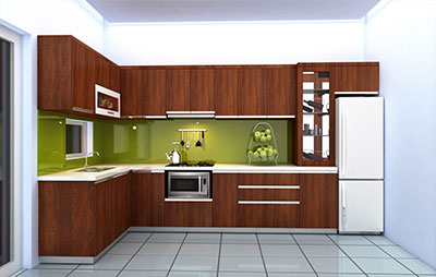 Tủ bếp gỗ phủ laminate màu nâu sang trọng, đẳng cấp